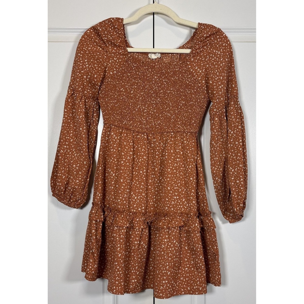Hayden Womens Smocked Tiered Mini Dress Brown All Over Ditsy Print Beach Boho L